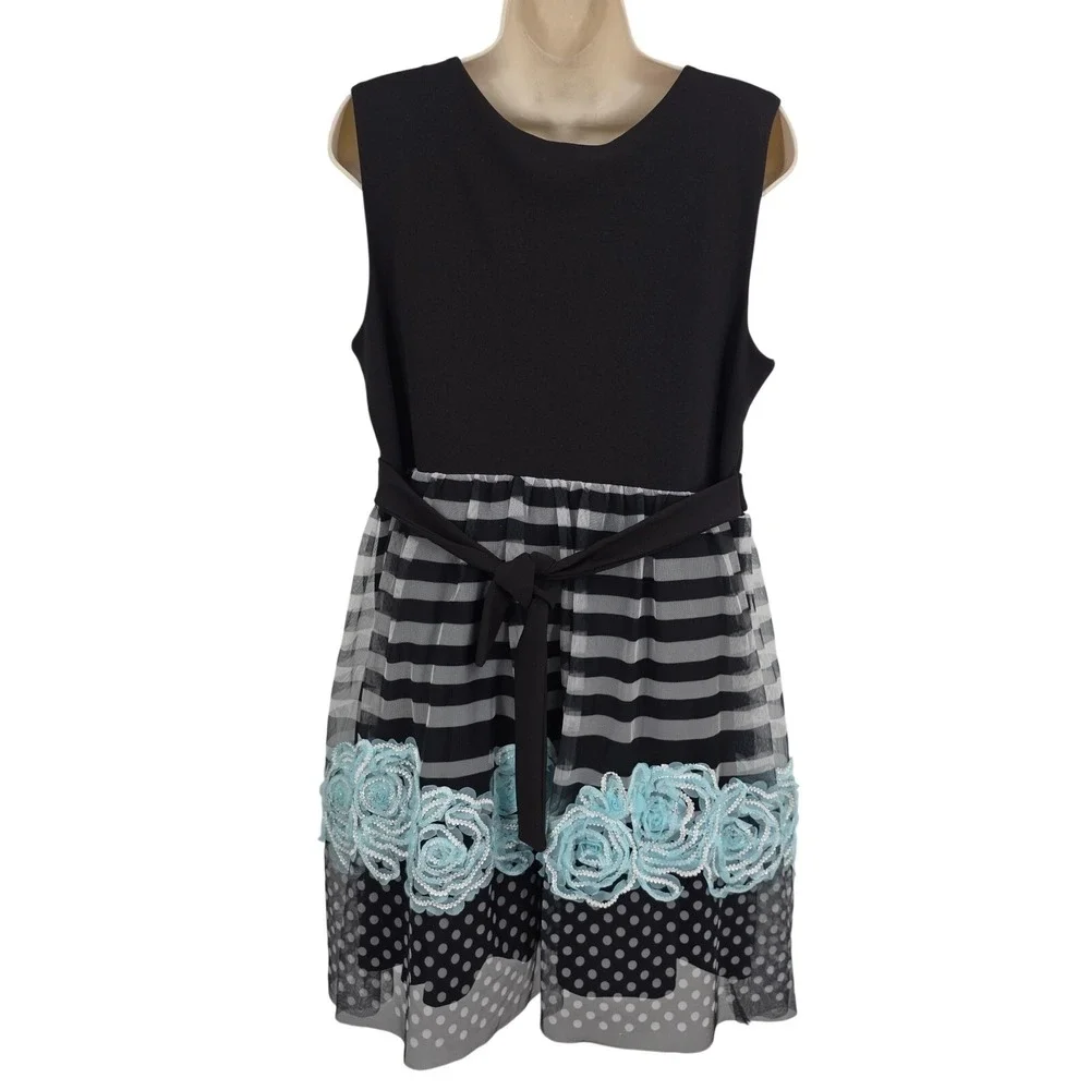 Bonnie Jean Dress Girls 20 Plus Black Stripe Dot Aqua Floral Tulle Belt Party